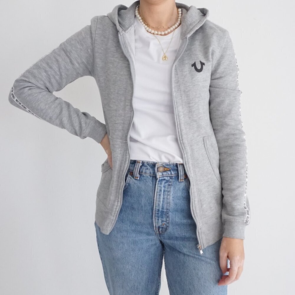 Vintage Y2K True Religion Grey Zip Up Cotton Blend Hoodie Sweatshirt L